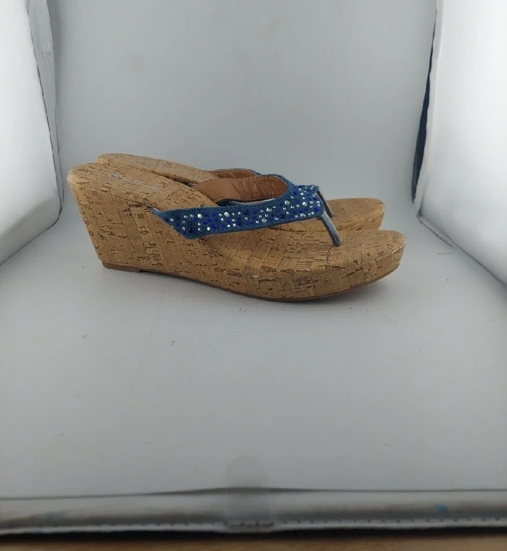 Ashley Blue Embellished Cork Wedge Flip Flops - Women Size 9